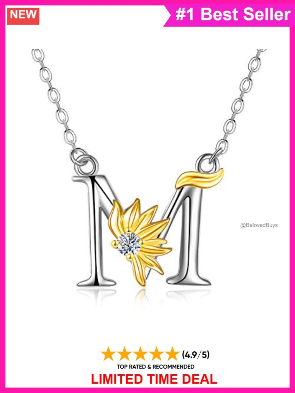 Initial Sunflower Pendant Necklace 925 Sterling Silver CZ Rolo Chain 18-20"